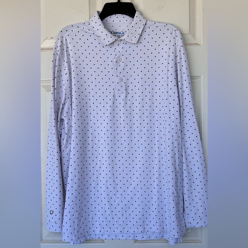 IBKUL Men’s Long Sleeved Polo Shirt White With Black Dots Size Large